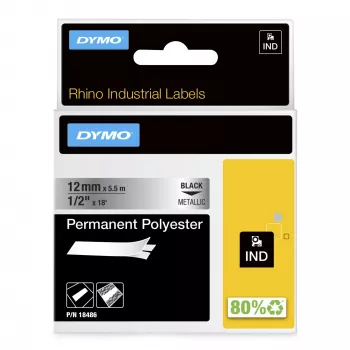 DYMO Rhino Industriële permanente polyesterlabels | 12 mm x 5,5 m | Zwarte opdruk op metallic | voor Rhino- en LabelManager-labelprinters