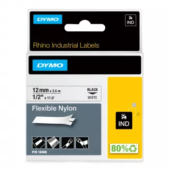 DYMO Rhino Industriële flexibele nylonlabels | 12 mm x 3,5 m | Zwarte opdruk op wit | Zelfklevend | voor Rhino- en LabelManager-labelprinters