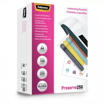 Fellowes A4 Glossy 250 micron lamineerhoezen – 100-pack, glanzend, transparant, A4, 0,25 mm, 210 mm, 1 mm