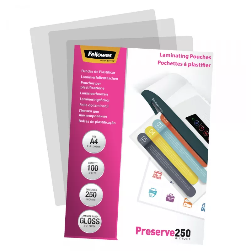 Fellowes A4 Glossy 250 micron lamineerhoezen – 100-pack, glanzend, transparant, A4, 0,25 mm, 210 mm, 1 mm
