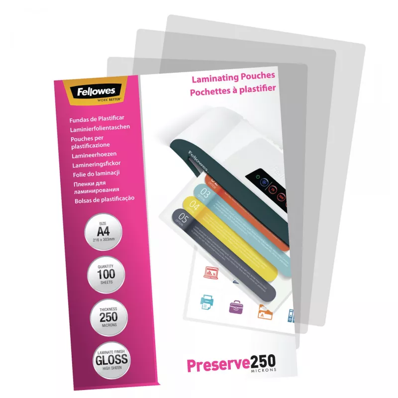 Fellowes A4 Glossy 250 micron lamineerhoezen – 100-pack, glanzend, transparant, A4, 0,25 mm, 210 mm, 1 mm