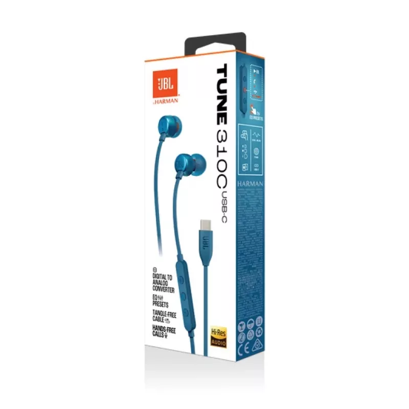 JBL Tune 310C USB Headset Bedraad In-ear Bellen/Muziek USB Type-C Blauw