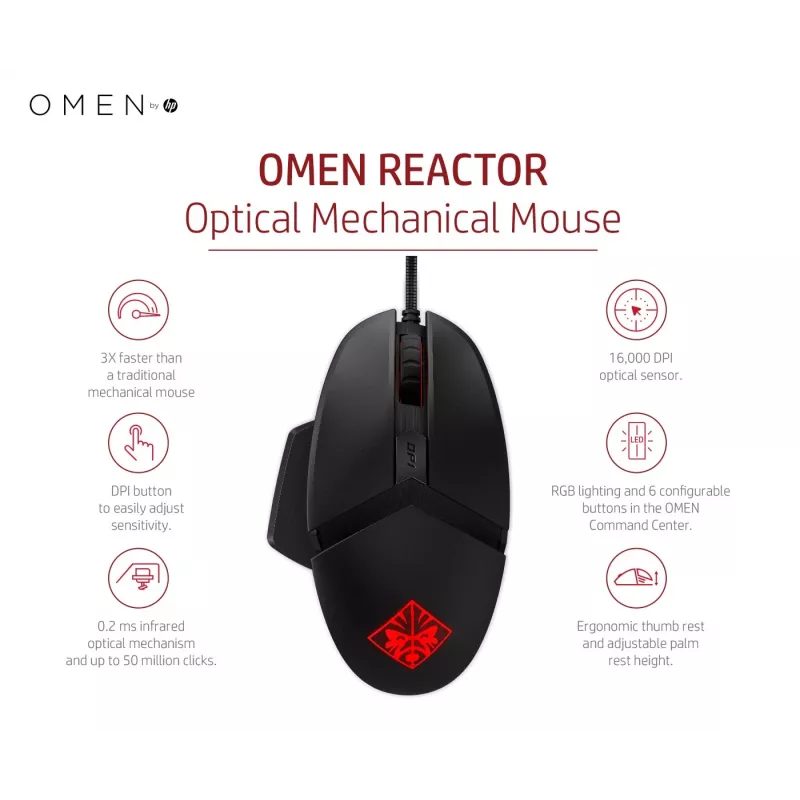 HP OMEN by Reactor muis, rechtshandig, optisch, USB Type-A, 16000 DPI, 0,2 ms, zwart