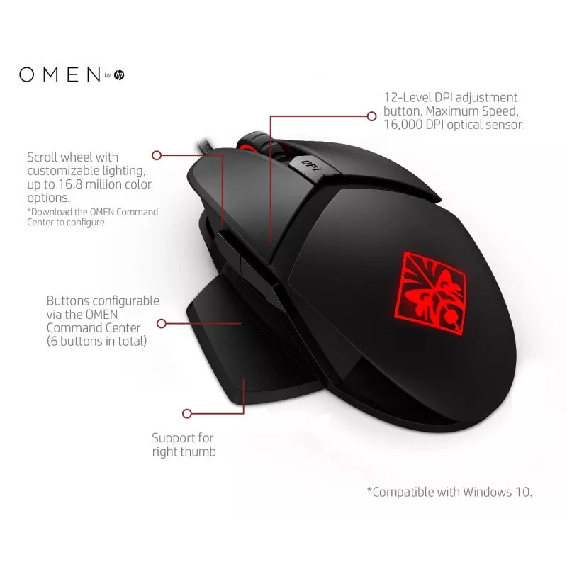 HP OMEN by Reactor muis, rechtshandig, optisch, USB Type-A, 16000 DPI, 0,2 ms, zwart