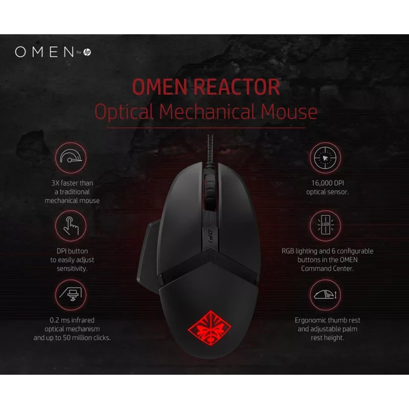 HP OMEN by Reactor muis, rechtshandig, optisch, USB Type-A, 16000 DPI, 0,2 ms, zwart