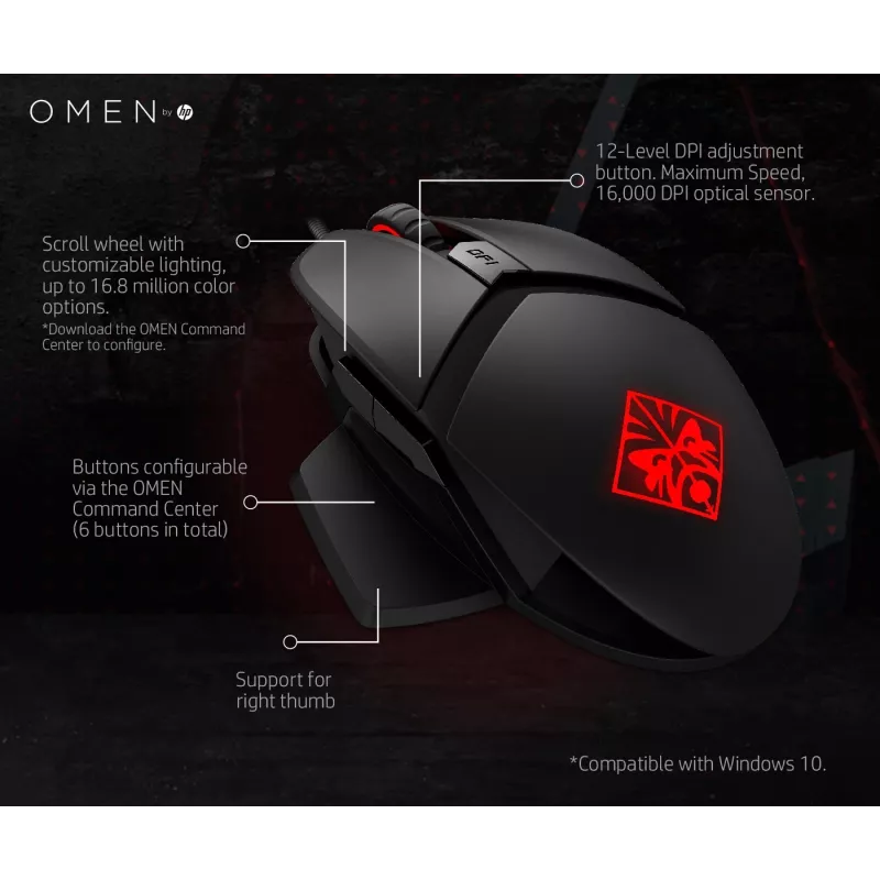 HP OMEN by Reactor muis, rechtshandig, optisch, USB Type-A, 16000 DPI, 0,2 ms, zwart