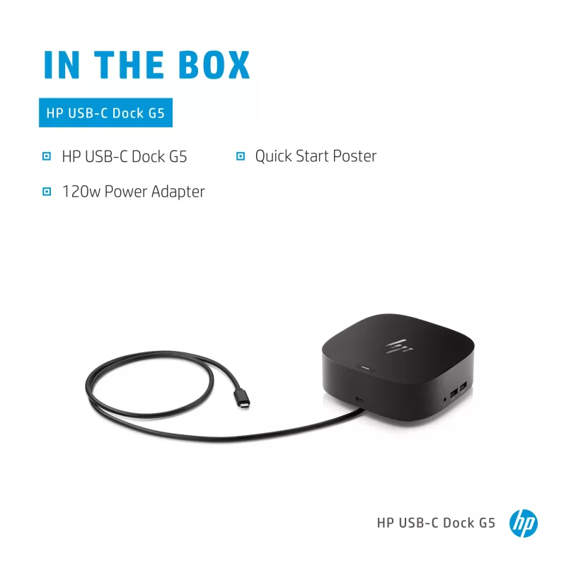 HP USB-C Dock G5, bedraad, USB 3.2 Gen 1 (3.1 Gen 1) Type-C, zwart, zwart, China, Thailand, Mexico, HP