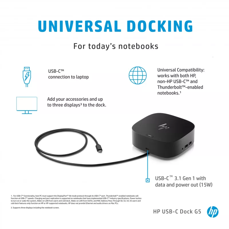 HP USB-C Dock G5, bedraad, USB 3.2 Gen 1 (3.1 Gen 1) Type-C, zwart, zwart, China, Thailand, Mexico, HP