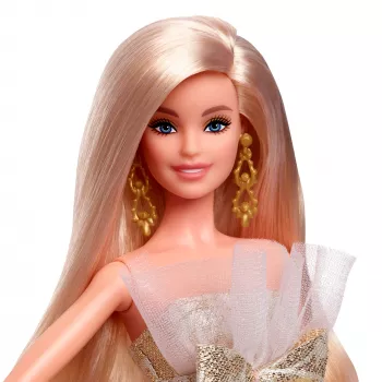 Barbie Signature 2025 Holiday Fashion pop, seizoensgebonden verzamelpop, blond met zilveren en gouden jurk