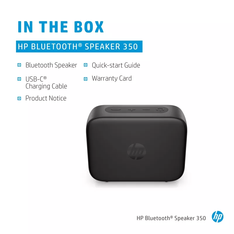 HP zwart Bluetooth Speaker 350, draadloos, USB Type-C, mono draagbare luidspreker, zwart, rechthoekig, knoppen