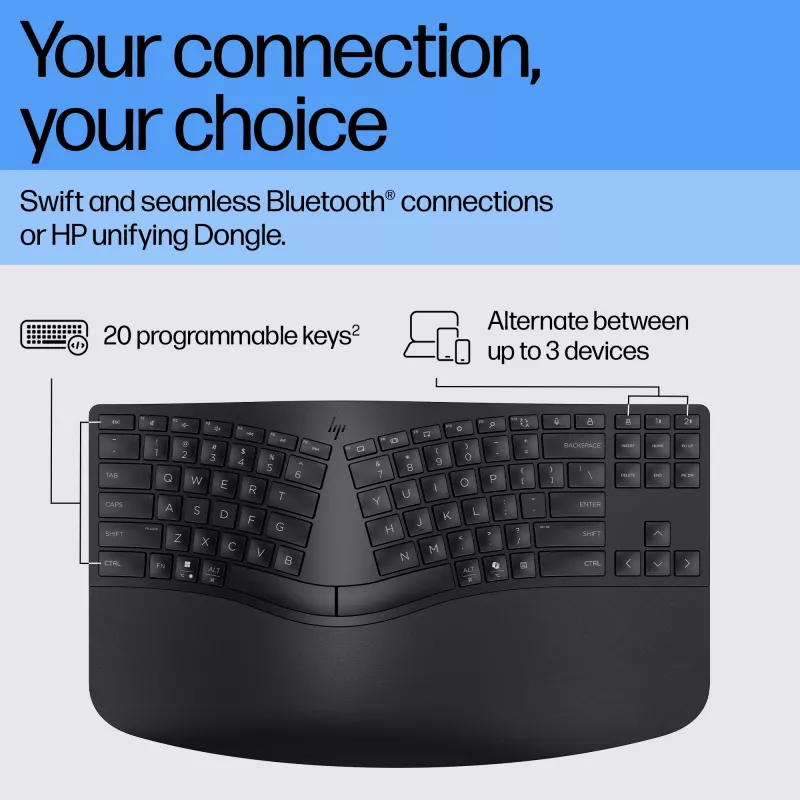 HP 965 ergonomisch draadloos toetsenbord, full-size (100%), draadloos, RF draadloos + Bluetooth, membraan, zwart