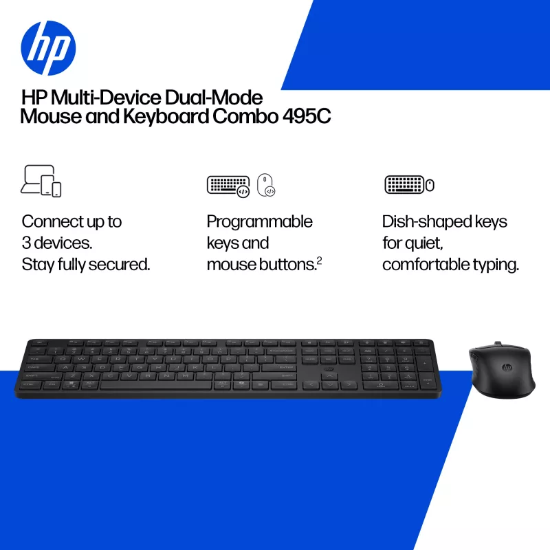 Toetsenbord- en muisset HP 495C — draadloos full-size toetsenbord, multi-device muis, USB/RF/Bluetooth, zwart