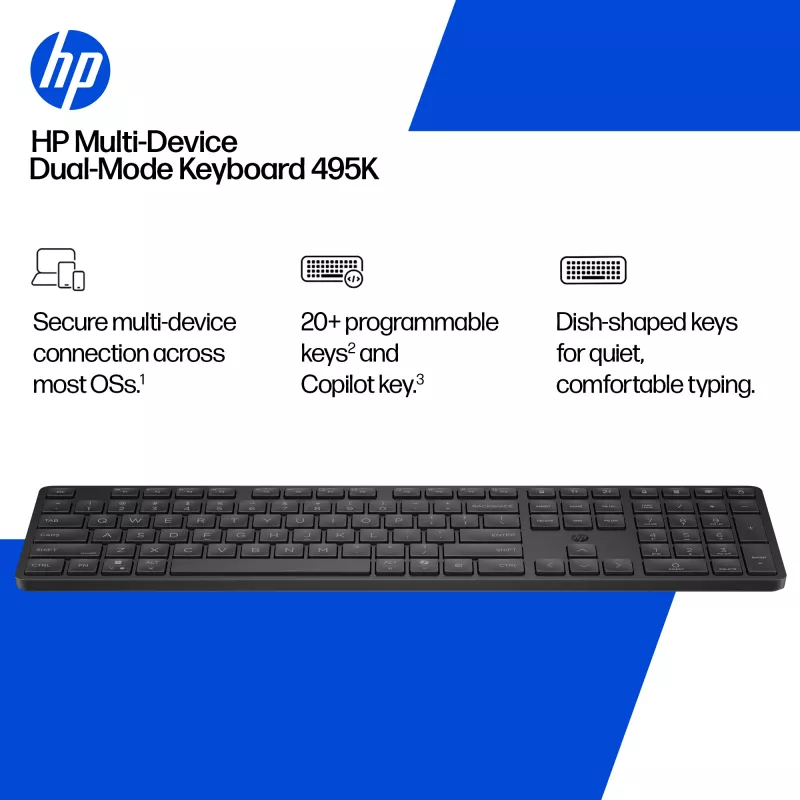 HP 495K Multi-Device Dual-Mode toetsenbord, full-size (100%), draadloos, USB + Bluetooth, zwart