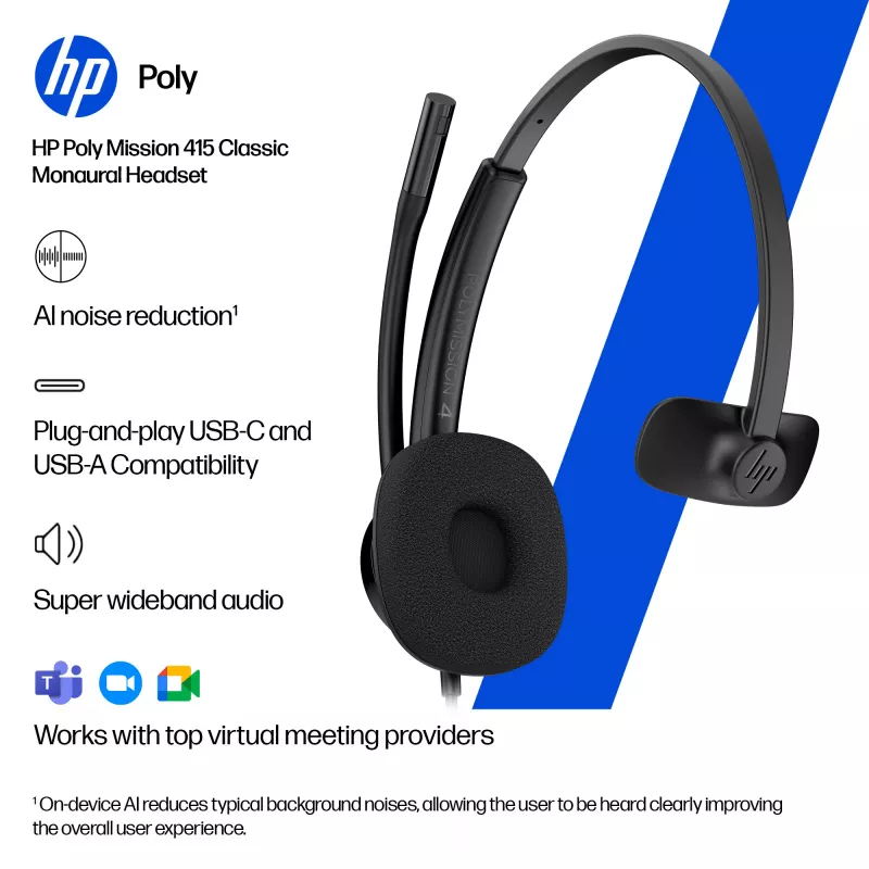 HP Poly Mission 415 monaurale USB-kabelheadset (bulk), 99 g, zwart