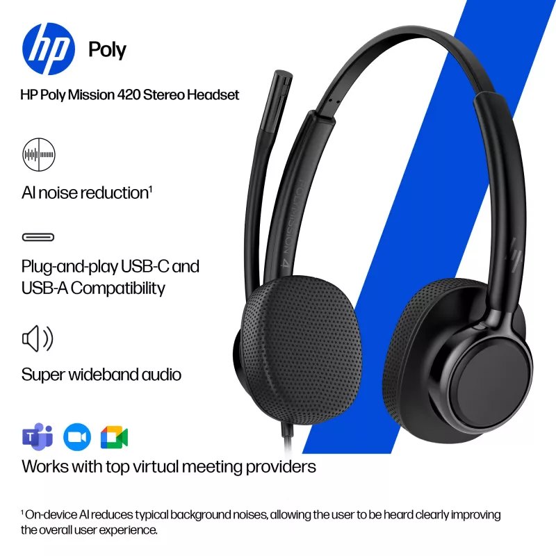 Bekabelde stereoheadset HP POLY Mission 425 Classic, USB-aansluiting, 126 g