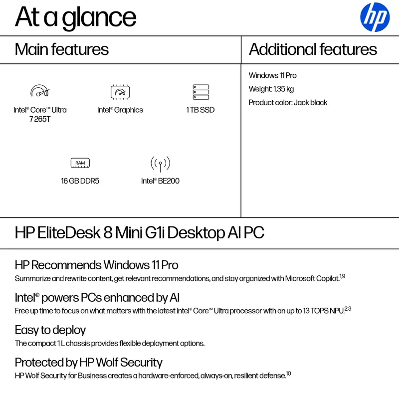 Mini PC HP EliteDesk 8 Mini G1i AI — Intel Core Ultra 7 265T, 16 GB DDR5, 1 TB SSD, Windows 11 Pro, zwart