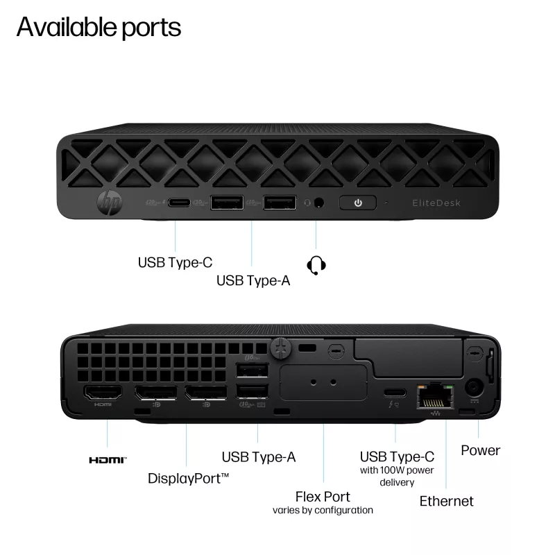 Mini PC HP EliteDesk 8 Mini G1i AI — Intel Core Ultra 7 265T, 16 GB DDR5, 1 TB SSD, Windows 11 Pro, zwart