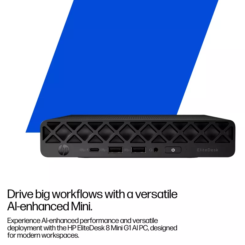 Mini PC HP EliteDesk 8 Mini G1i AI — Intel Core Ultra 7 265T, 16 GB DDR5, 1 TB SSD, Windows 11 Pro, zwart