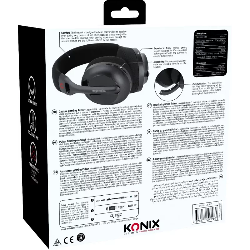 Konix PULSAR headset bedraad & draadloos hoofdbeugel gaming USB Type-C Bluetooth zwart