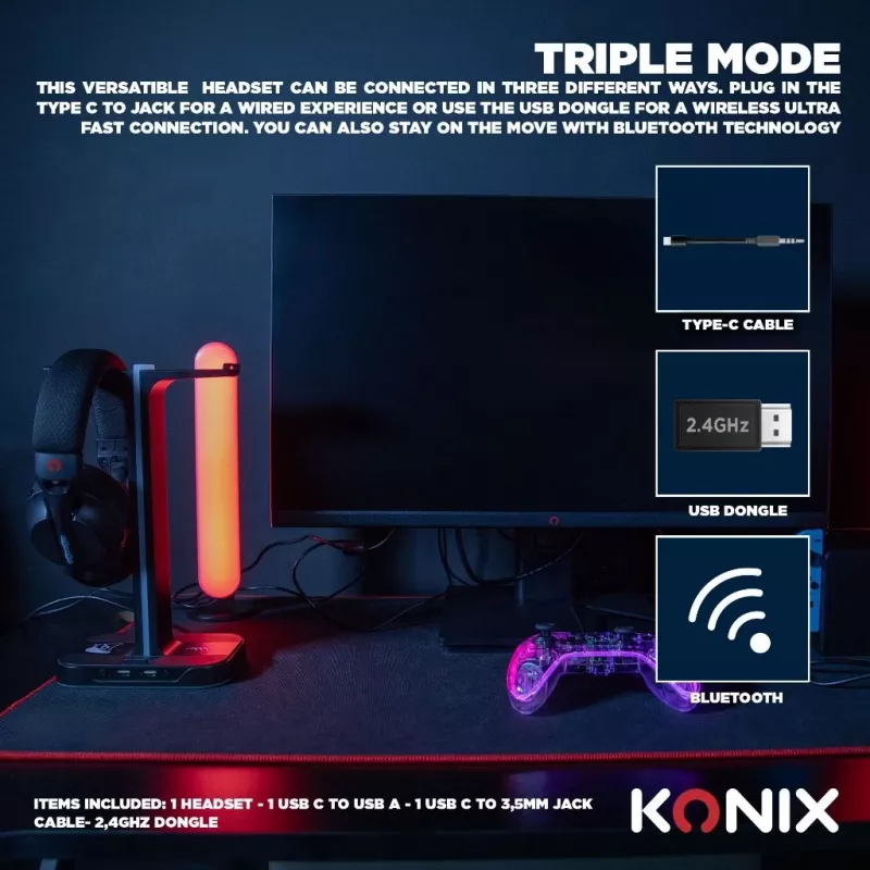 Konix PULSAR headset bedraad & draadloos hoofdbeugel gaming USB Type-C Bluetooth zwart
