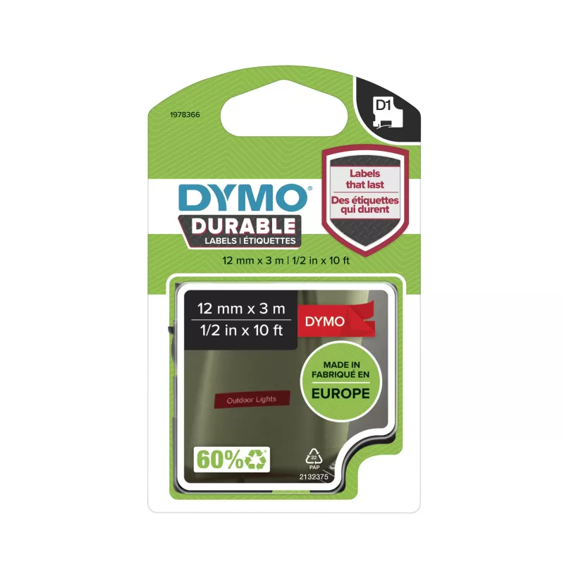 DYMO Authentic D1 Durable Labels | zwarte print op rode band | 12 mm x 3 m | labelband voor LabelManager-labelprinters