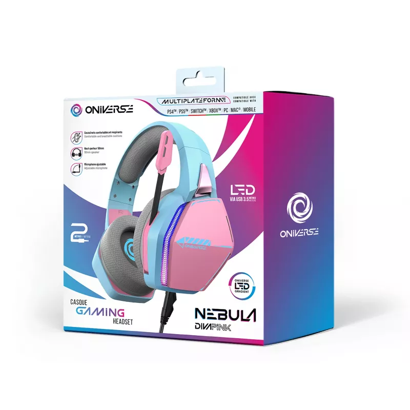 Oniverse gamingheadset Nebula - Diva Pink (multiplatform), bedraad, gaming, 20 - 20000 Hz, 356 g, headset, cyaan, roze