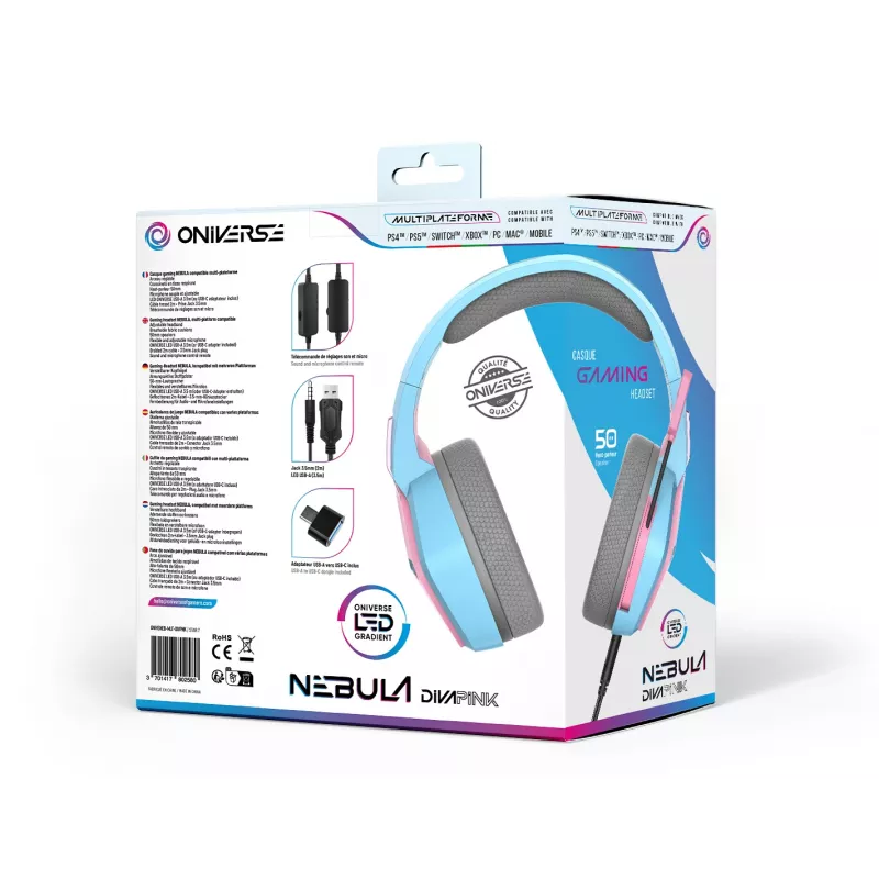 Oniverse gamingheadset Nebula - Diva Pink (multiplatform), bedraad, gaming, 20 - 20000 Hz, 356 g, headset, cyaan, roze