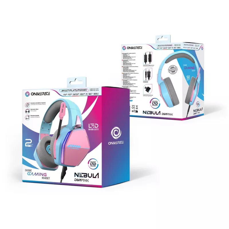 Oniverse gamingheadset Nebula - Diva Pink (multiplatform), bedraad, gaming, 20 - 20000 Hz, 356 g, headset, cyaan, roze