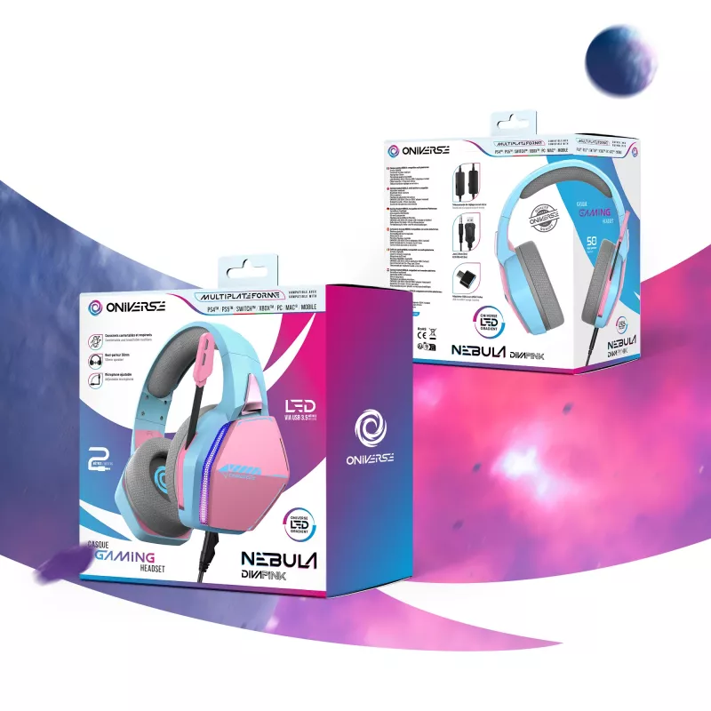 Oniverse gamingheadset Nebula - Diva Pink (multiplatform), bedraad, gaming, 20 - 20000 Hz, 356 g, headset, cyaan, roze