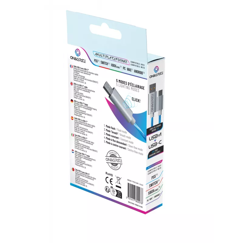 Oniverse USB-C naar USB-C snellaadkabel - 2 meter - LED (multiplatform)