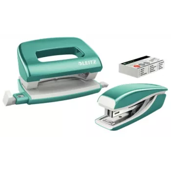 Leitz nietapparaat & perforator set Mini WOW, 10 vel, blauw, metallic, parel, P2, metaal, kunststof, 80 g/m², 3,5 cm