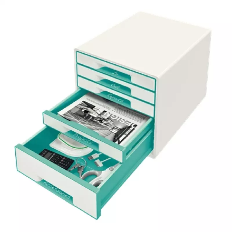 Leitz WOW Cube Ladeblok met 5 laden, 5 laden, kunststof, turquoise, wit, 1 stuk, 287 mm, 270 mm