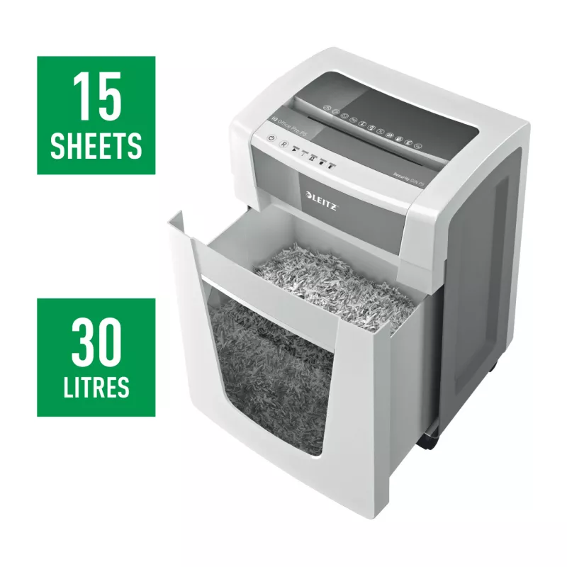 Leitz IQ Office Pro papierversnipperaar P5, microsnede, 23 cm, 2 x 15 mm, 30 l, 300 vel, 55 dB