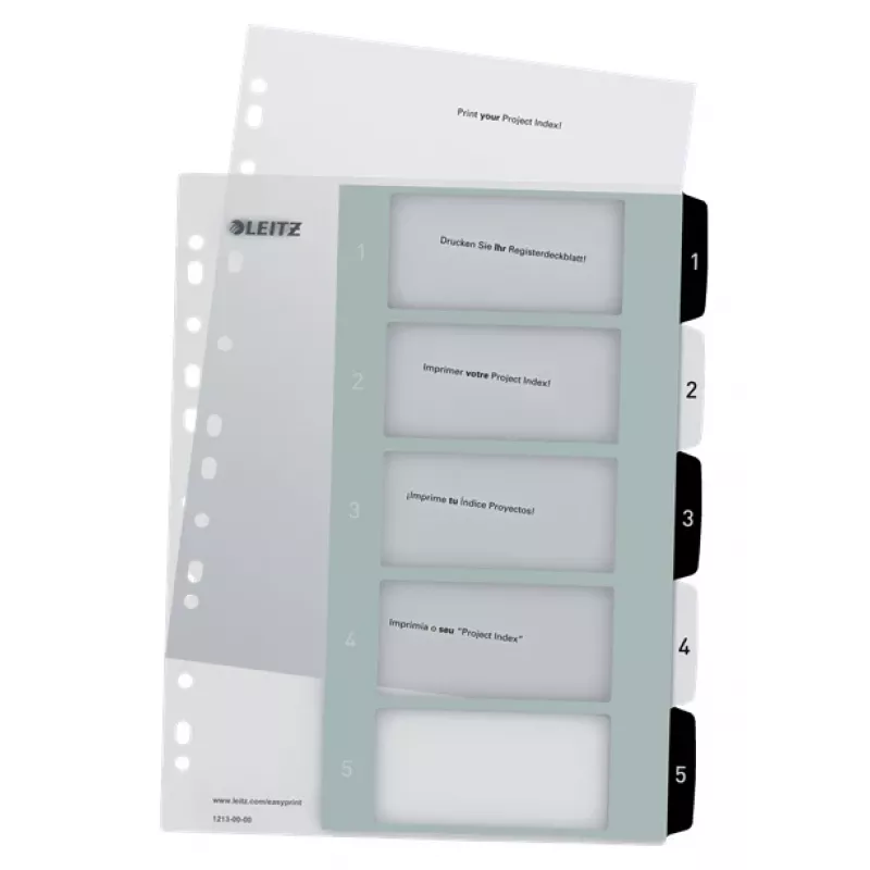 Leitz index Printable PP A4+ 1-5 WOW wit/zwart, numeriek register, polypropyleen (PP), zwart, wit, A4 maxi, 245 mm, 305 mm