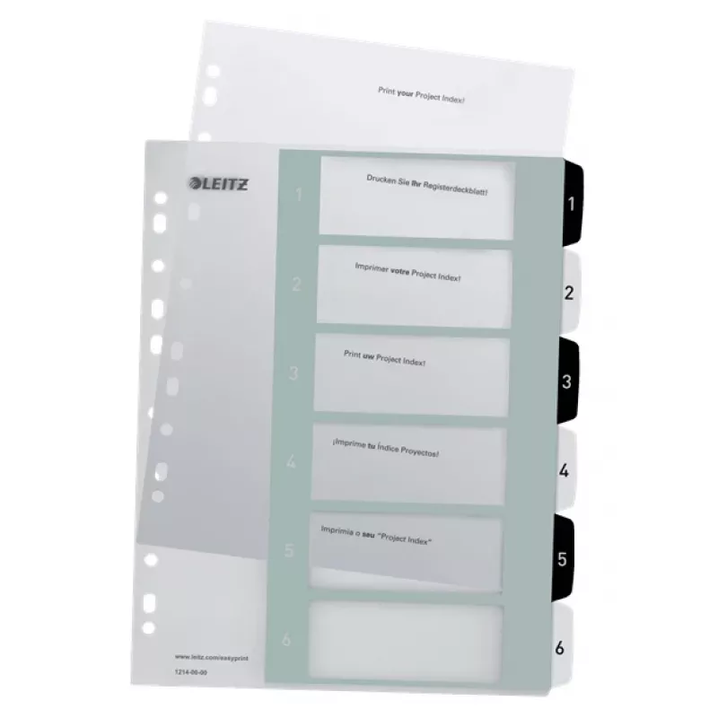Leitz index Printable PP A4+ 1-6 WOW wit/zwart, numeriek tabregister, polypropyleen (PP), zwart, wit, A4 maxi, 245 mm, 305 mm