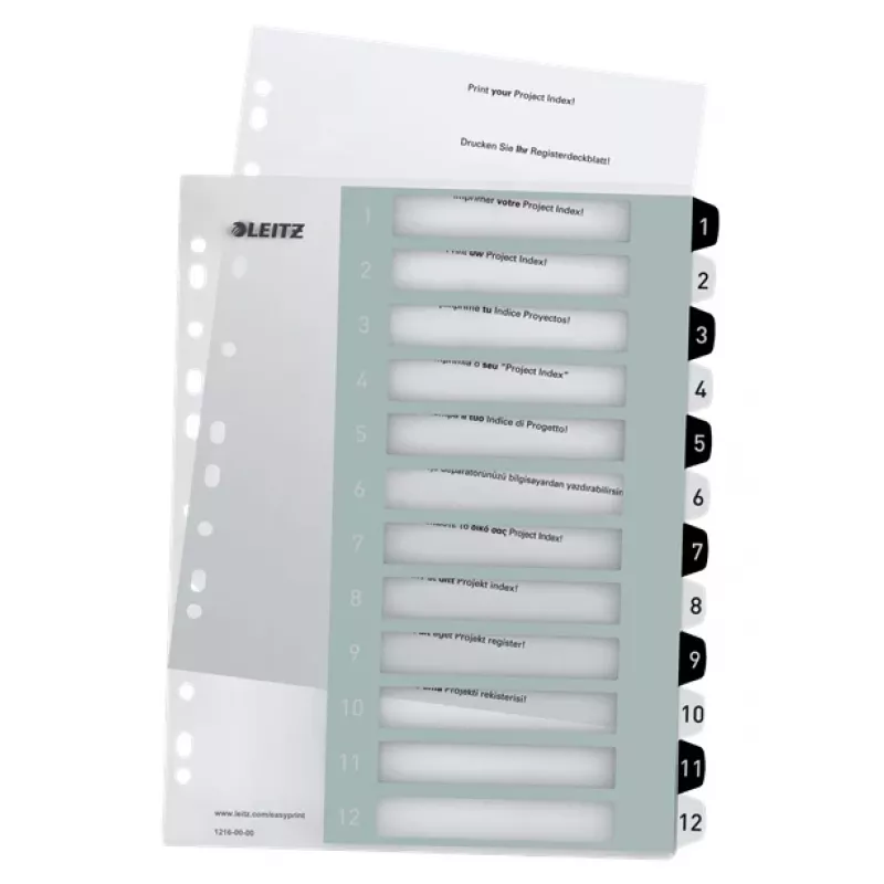Leitz index Printable PP A4+ 1-12 WOW wit/zwart, numeriek tabregister, polypropyleen (PP), zwart, wit, A4 maxi, 245 mm, 305 mm