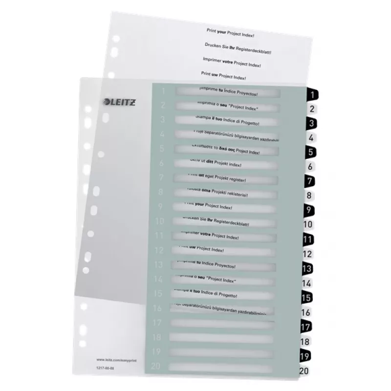 Leitz index Printable PP A4+ 1-20 WOW wit/zwart, numeriek tabregister, polypropyleen (PP), zwart, wit, A4 maxi, 245 mm, 305 mm