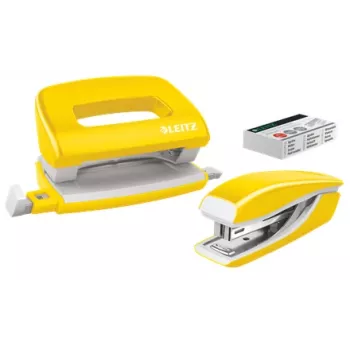 Leitz nietmachine- & perforatorset Mini WOW, 10 vel, geel, P2, metaal, kunststof, 3,5 cm, 100 nietjes