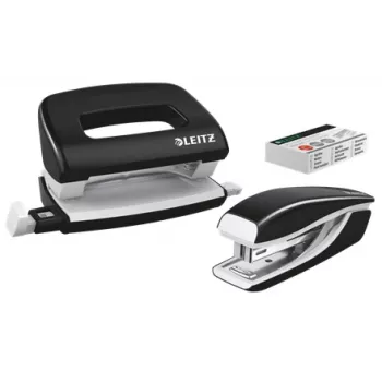 Leitz nietmachine & perforator set Mini WOW, 10 vel, zwart, P2, metaal, kunststof, 3,5 cm, 100 nietjes
