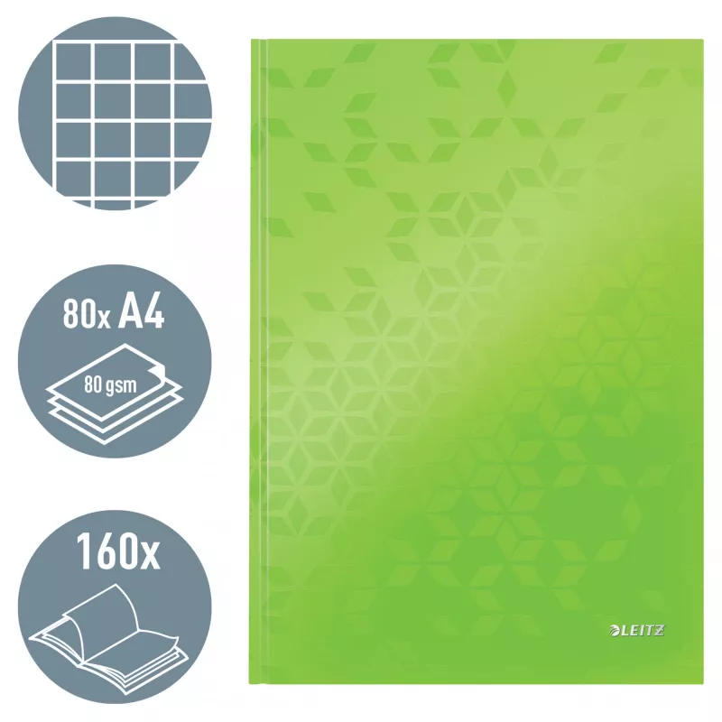 Leitz notebook WOW A4 geruit met hardcover 90 g/m², 80 vel, dessin, groen, A4, 80 vel, 80 g/m², geruit papier