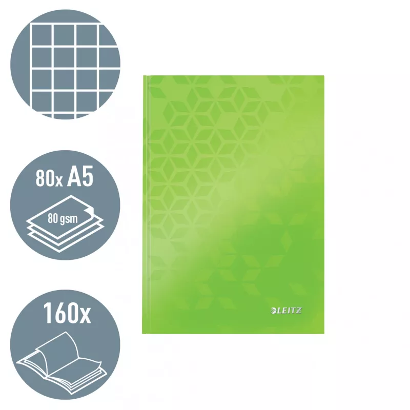 Leitz WOW notitieboek A5 geruit met hardcover, dessin, groen, A5, 80 vel, 80 g/m², geruit