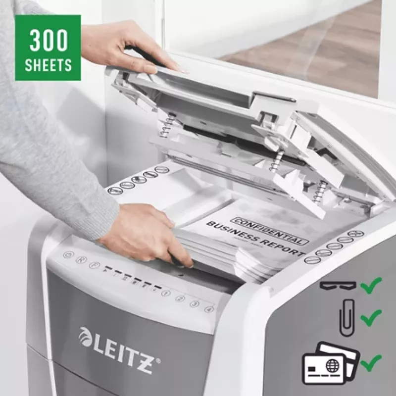 Leitz IQ Autofeed Office 300 papiervernietiger P5, microsnede, 22 cm, 2 x 15 mm, 60 L, 700 vel, 55 dB