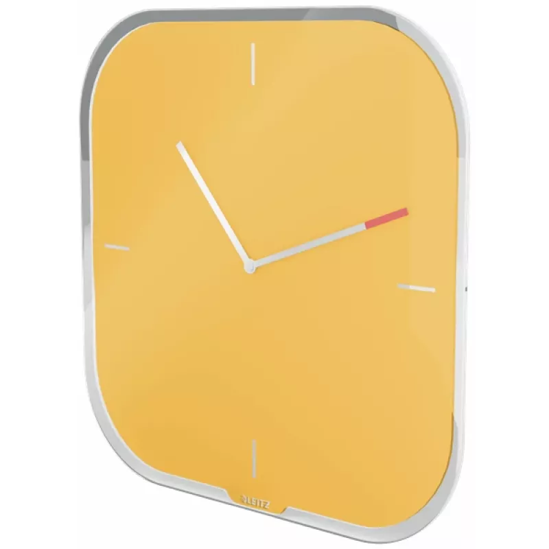 Leitz Cosy Silent glazen wandklok, vierkant, geel, 300 mm, 300 mm, 40 mm, 1,6 kg