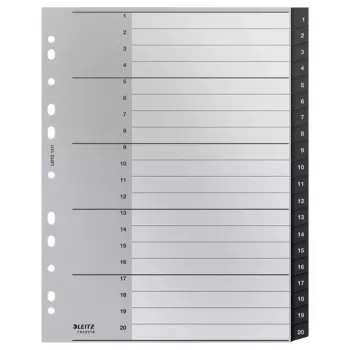 Leitz Recycle index, PP, extra breed, numeriek tabregister, polypropyleen (PP), zwart, wit, A4 maxi, 160 g/m², 238 mm