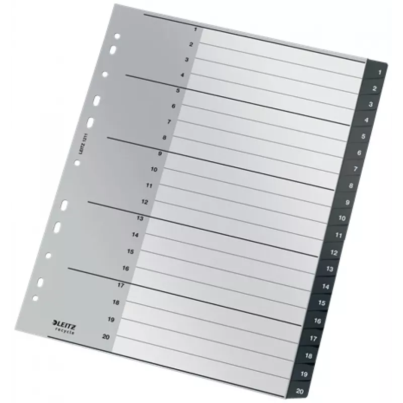 Leitz Recycle index, PP, extra breed, numeriek tabregister, polypropyleen (PP), zwart, wit, A4 maxi, 160 g/m², 238 mm