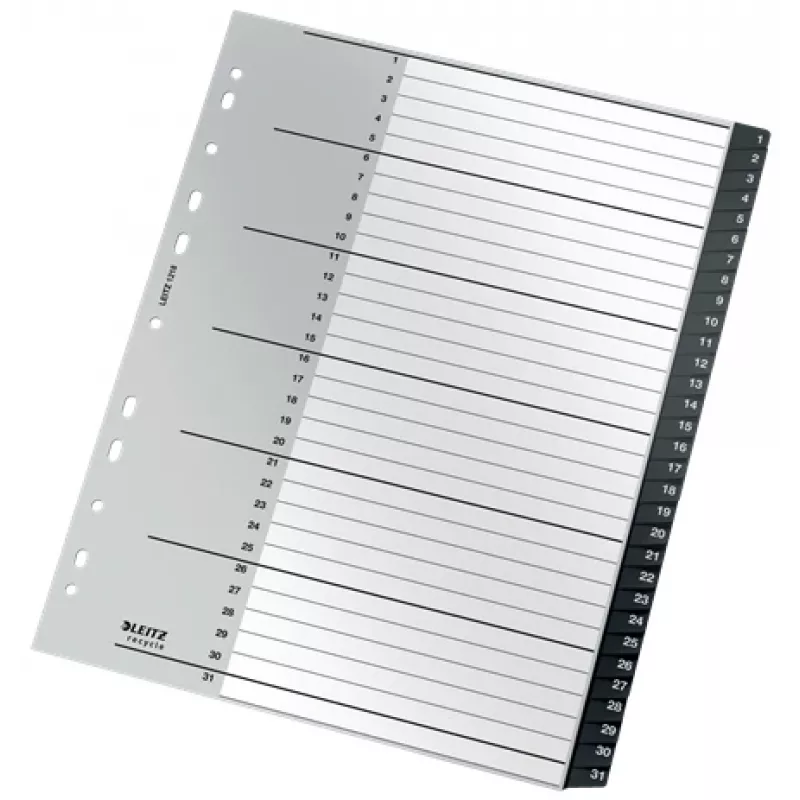 Leitz Recycle index, PP, extra breed, numeriek tabregister, polypropyleen (PP), zwart, wit, staand, A4 maxi, 160 g/m²