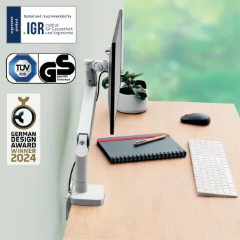 Leitz Ergo ruimtebesparende enkele monitorarm, klem/bureau-doorvoer, 9 kg, 43,2 cm (17 inch), 81,3 cm (32 inch), 100 x 100 mm, grijs