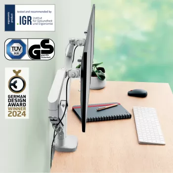 Leitz Ergo ruimtebesparende dual monitorarm, klem/bureau-doorvoer, 18 kg, 43,2 cm (17 inch), 81,3 cm (32 inch), 100 x 100 mm, grijs
