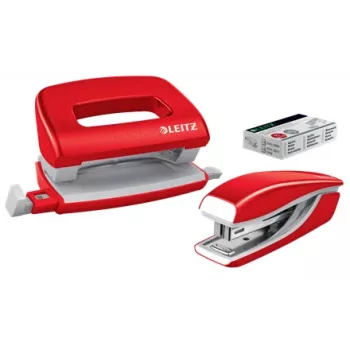 Leitz nietmachine & perforator set mini WOW, 10 vel, rood, P2, metaal, 80 g/m², 3,5 cm