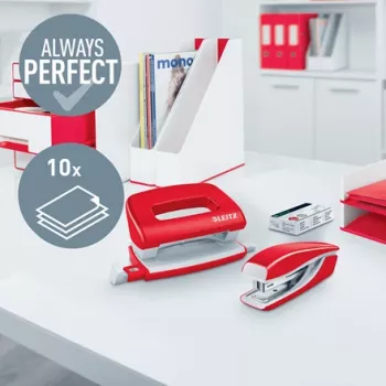 Leitz nietmachine & perforator set mini WOW, 10 vel, rood, P2, metaal, 80 g/m², 3,5 cm